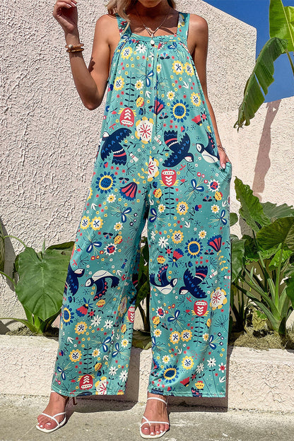 CM | Casual Print Bolsillo Cuello Cuadrado Monos Sueltos