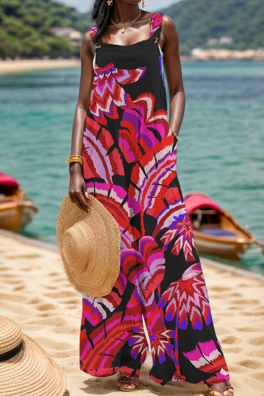 CM | Casual Print Backless Square Collar Regular Jumpsuits