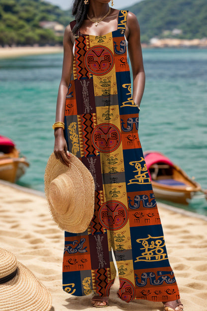 CM | Casual Print Backless Square Collar Regular Jumpsuits