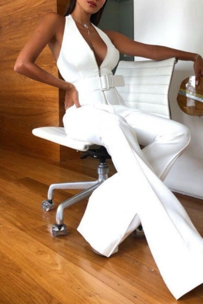 CM | Casual Sólido Sin Espalda Con Cinturón Halter Skinny Jumpsuits
