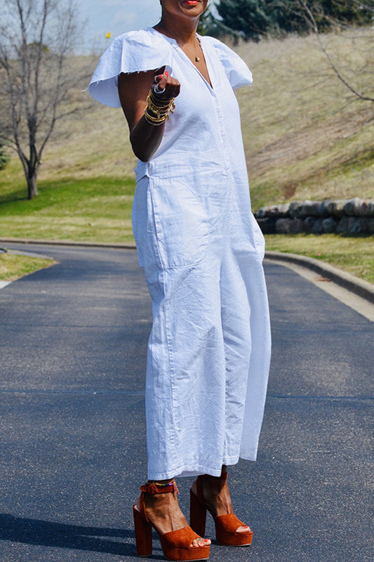 CM | Casual Sólido Patchwork Bolsa Cuello en V Regular Jumpsuits