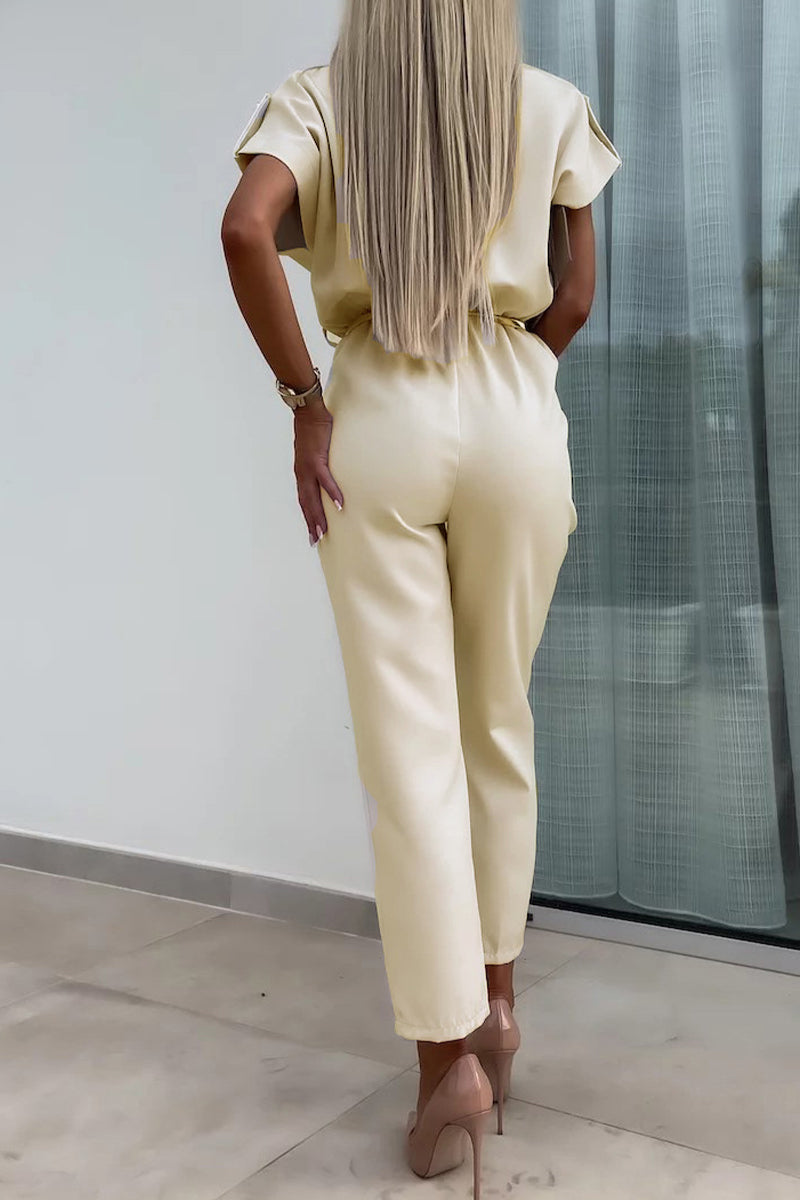 CM | Casual Solid Buttons Turn-down Collar Straight Jumpsuits
