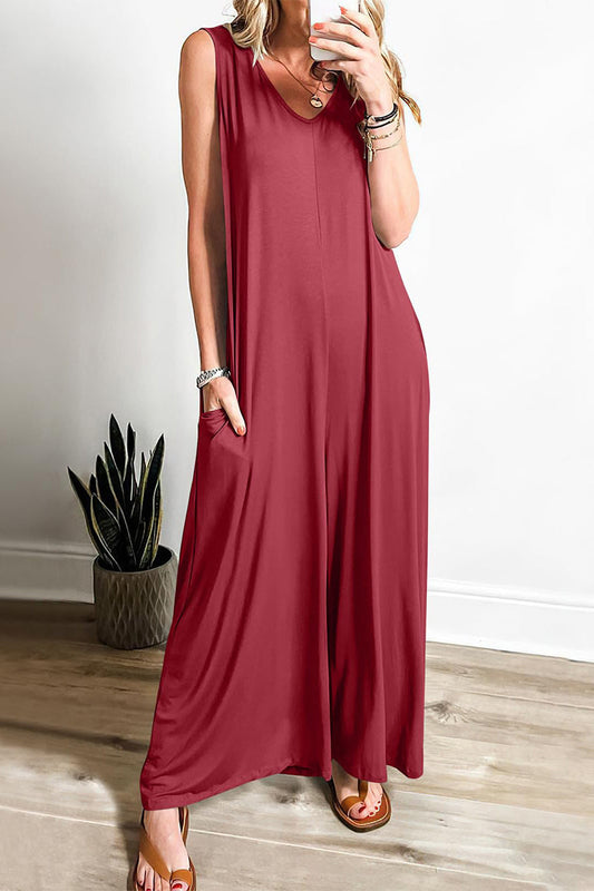 CM | Casual Simplicity Solid Pocket V-Neck Loose Jumpsuits
