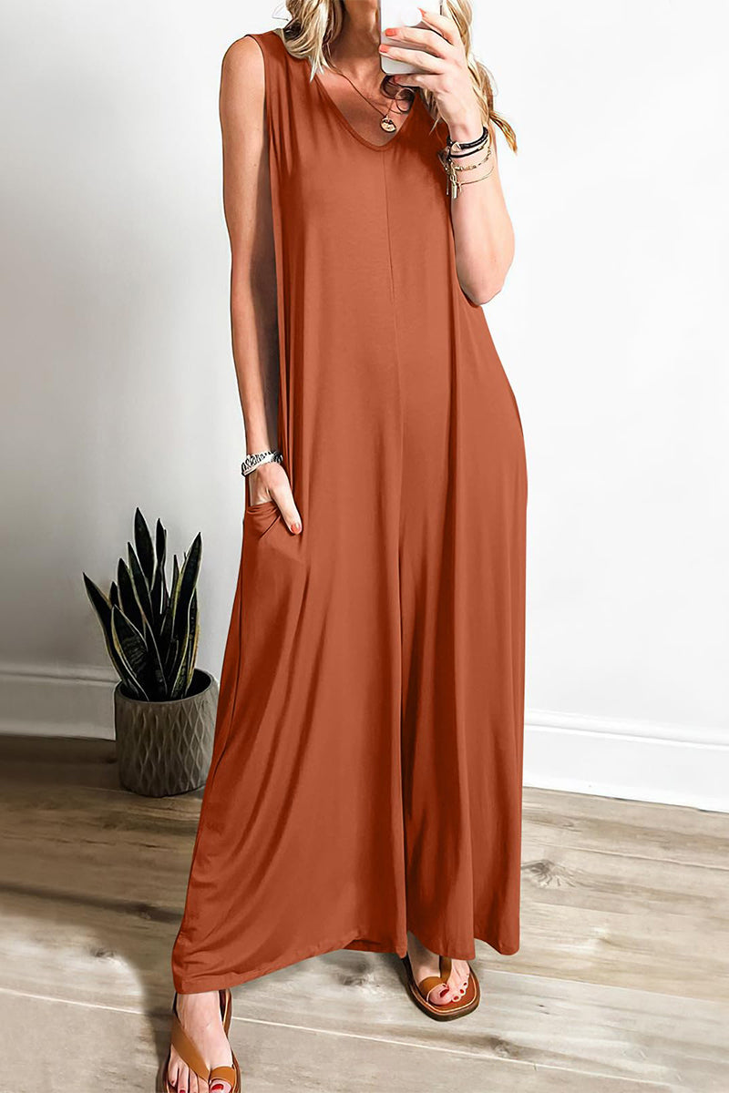 CM | Casual Simplicity Solid Pocket V-Neck Loose Jumpsuits