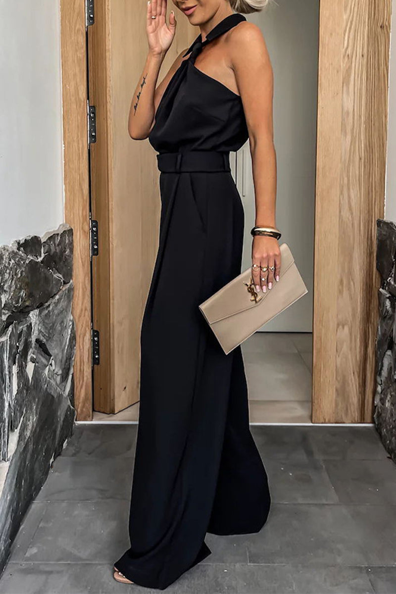 CM | Casual British Style Solid Pocket Zip Halter Jumpsuits