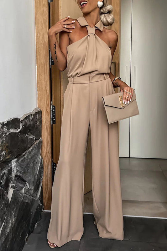 CM | Casual British Style Solid Pocket Zip Halter Jumpsuits