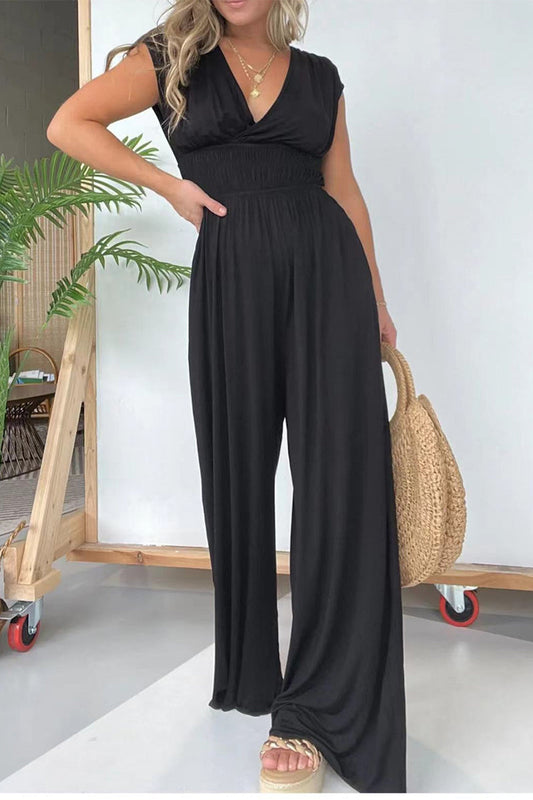 CM | Casual Solid Pleats V Neck Loose Jumpsuits
