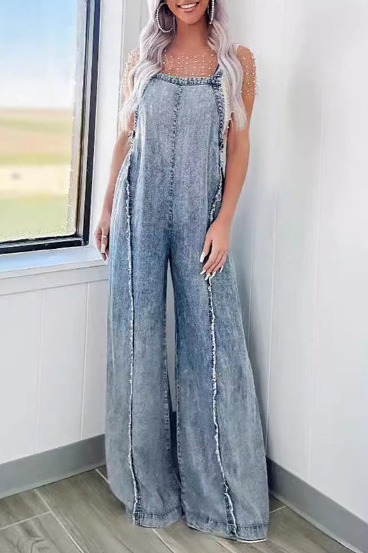 CM | Casual Street Solid Patchwork Backless Square Collar Sleeveless Loose Denim Jumpsuits