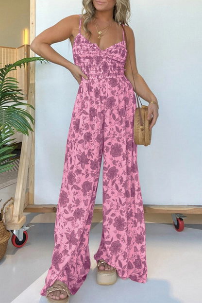 CM | Casual Floral Print Backless Spaghetti Strap Regular Jumpsuits(6 Colours)