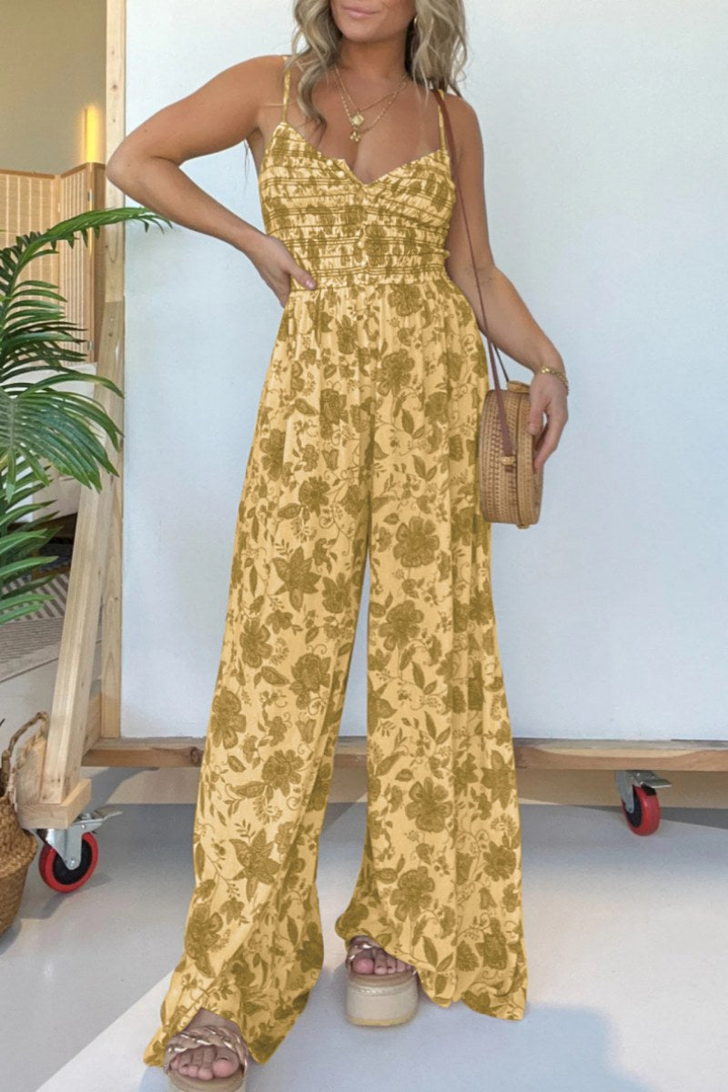 CM | Casual Floral Print Backless Spaghetti Strap Regular Jumpsuits(6 Colours)