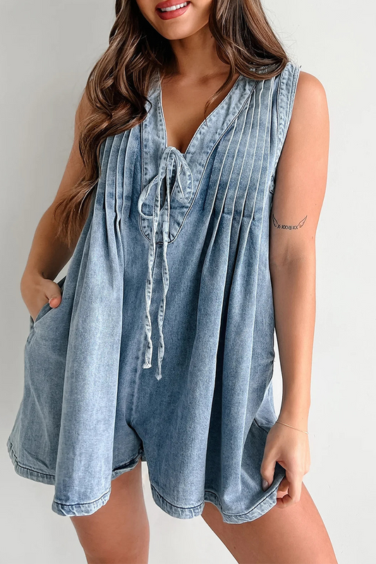 CM | Casual Street Solid Colour Pocket Lace Up V Neck Sleeveless Loose Denim Jumpsuits