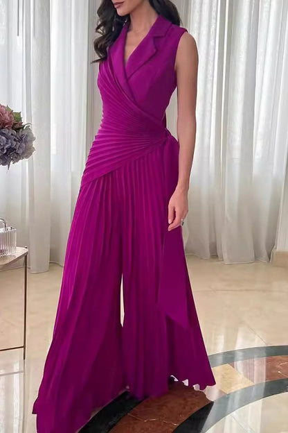 CM | Casual Solid Colour Lace Up Ruched Pleated Turn-back Collar Regular Jumpsuits