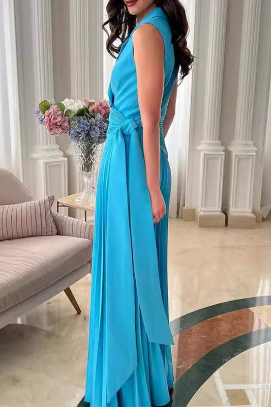 CM | Casual Solid Colour Lace Up Ruched Pleated Turn-back Collar Regular Jumpsuits