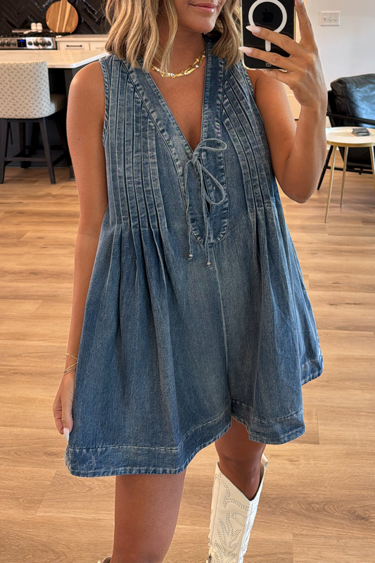 CM | Casual Daily Solid Colour Distressed Lace Up V-Neck Sleeveless Loose Denim Jumpsuits
