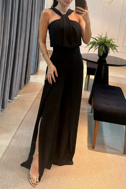 CM | Casual Solid Colour Patchwork Backless V Neck Regular Jumpsuits