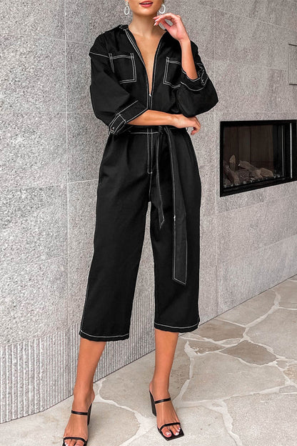 CM | Casual Solid Colour Lace Up Patchwork Turn Down Collar Loose Jumpsuits