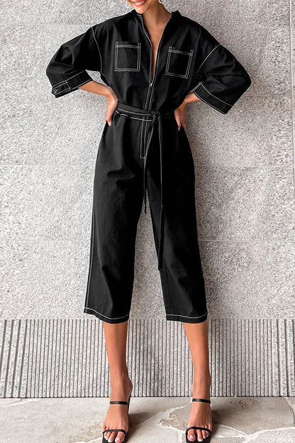 CM | Casual Solid Colour Lace Up Patchwork Turn Down Collar Loose Jumpsuits