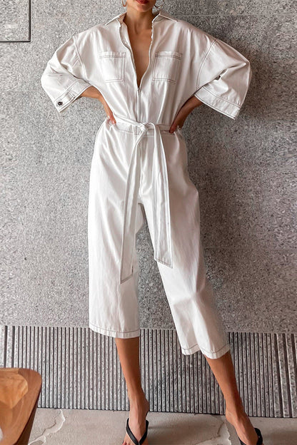 CM | Casual Solid Colour Lace Up Patchwork Turn Down Collar Loose Jumpsuits