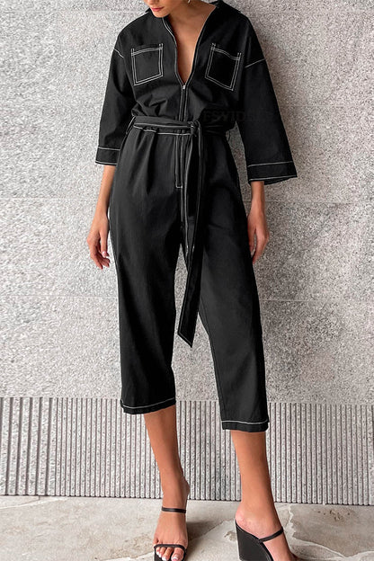 CM | Casual Solid Colour Lace Up Patchwork Turn Down Collar Loose Jumpsuits