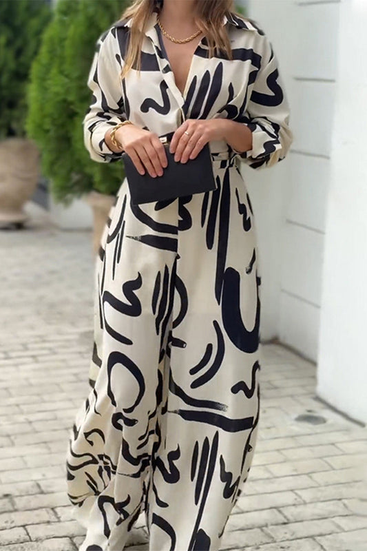 CM | Casual Street Geometric Print Lace Up Turn Down Collar Loose Jumpsuits