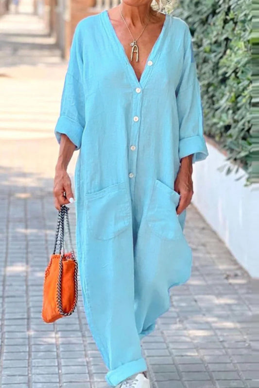 CM | Casual Color Sólido Bolsillo Botones Cuello en V Regular Jumpsuits