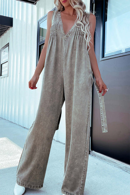 CM | Casual Distressed Pocket Adjustable V Neck Loose Jumpsuits