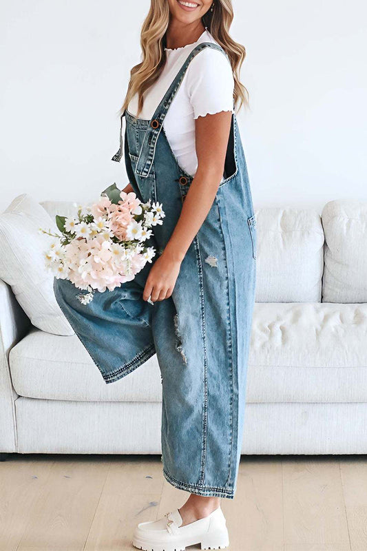 CM | Casual Distressed Buttons Square Neckline Sleeveless Loose Denim Jumpsuits