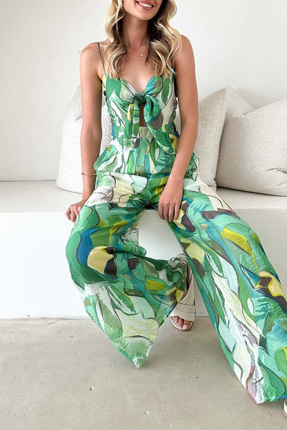 CM | Casual Floral Print Pocket Contrast V-Neck Loose Jumpsuits