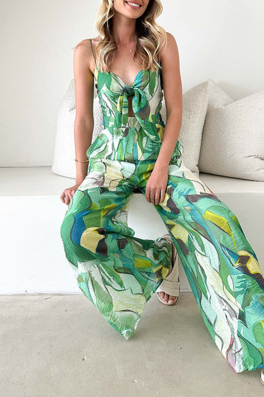 CM | Casual Floral Print Pocket Contrast V-Neck Loose Jumpsuits