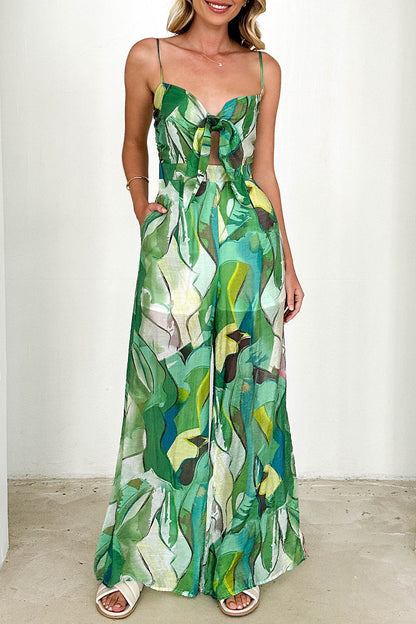 CM | Casual Floral Print Pocket Contrast V-Neck Loose Jumpsuits