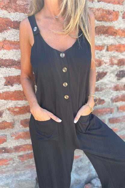 CM | Casual Color Sólido Bolsillo Botones Sin Espalda Cuello U Boot Cut Jumpsuits