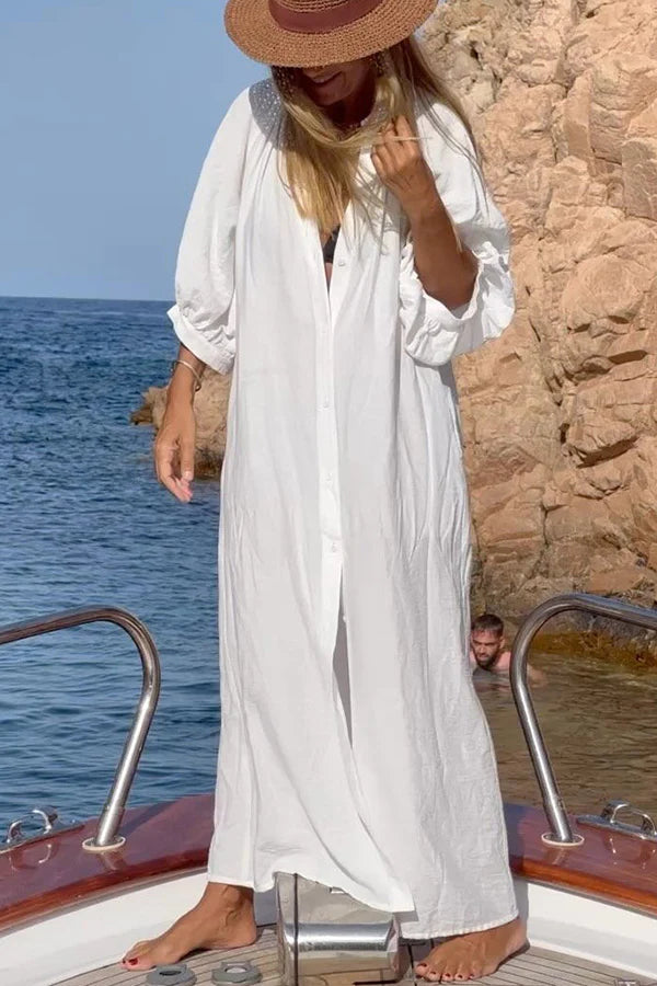 CM | Take A Relax maxi vestido camisero holgado con manga globo y tapeta de botones