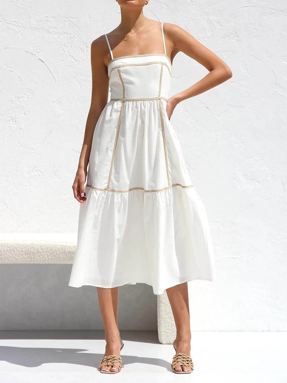 CM | Vestido Midi con Tirantes Ajustables y Ribetes de Color en Contraste