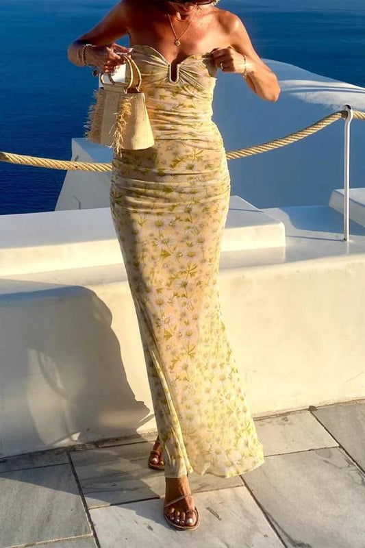 CM | Santorini Sunset Delicado maxi vestido de gasa sin tirantes con estampado floral