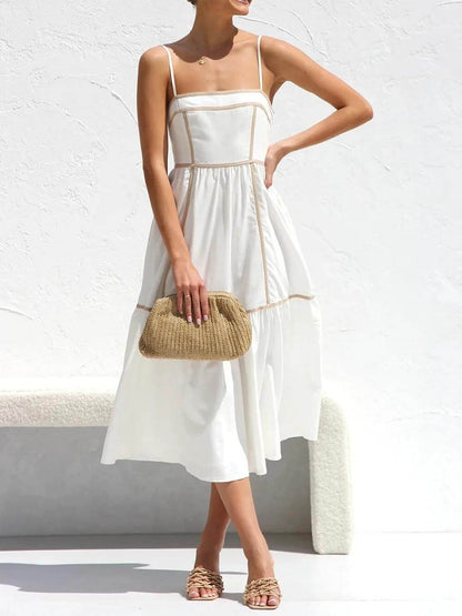 CM | Vestido Midi con Tirantes Ajustables y Ribetes de Color en Contraste