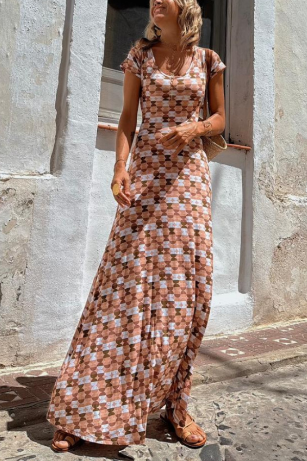 CM | Salmón Regular Estampado Maxi Vestido Manga Corta