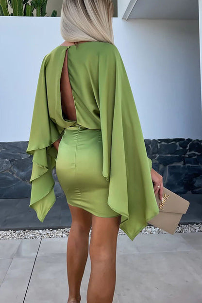 CM | Hermosas Alas Satén Mariposa Mangas Cintura Elástica Formal Mini Vestido