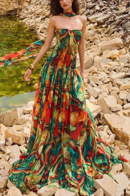 CM | Vacay Vibes Vestido maxi con hombros al descubierto y estampado de lava de colores con pañuelo fruncido