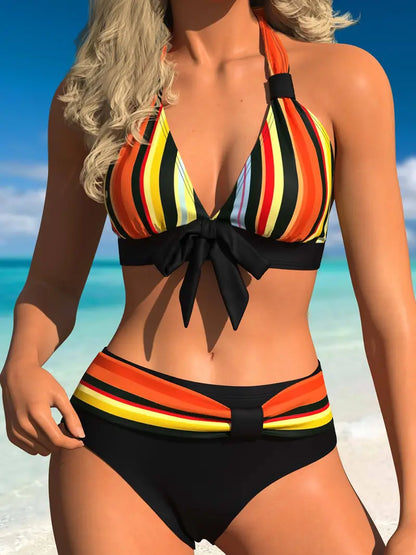 CM | Bikini de tirantes con estampado de rayas de colores y cordón de ajuste