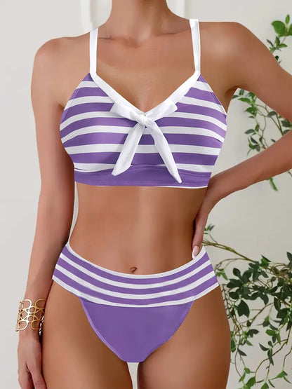 CM | Bikini sexy con estampado de rayas y nudo en V