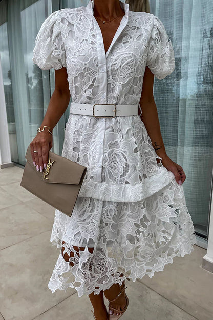 CM | Absolutamente Elegante Floral Crochet Encaje Puff Manga Cinturón Camisa Vestido Midi