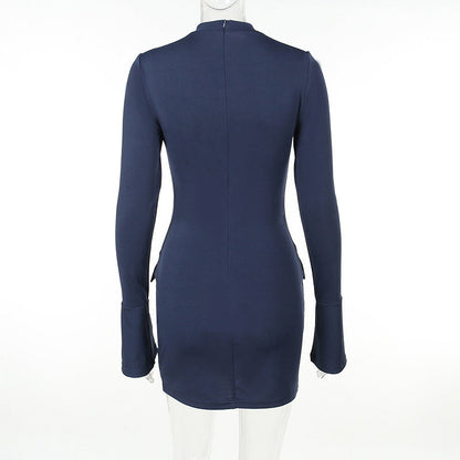 CM | Moda Vestido de Manga Larga con Dos Bolsillos Delgado Bodycon Cadera Vestido Corto para Mujer