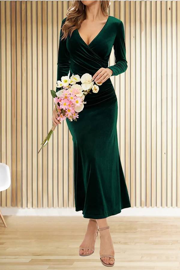 CM | Terciopelo Sólido Manga Larga Cuello en V Slim Fit Fishtail Maxi Vestido