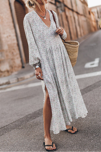 CM | Maxivestido floral multicolor con cuello en V y aberturas