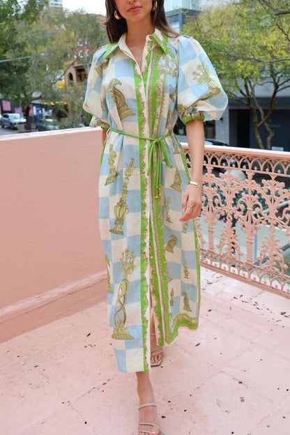 CM | Unique Vestido midi camisero estampado de manga larga con bolsillo con cordón