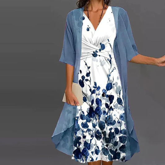 CM | Vestido midi con chaqueta en azul y blanco para el verano