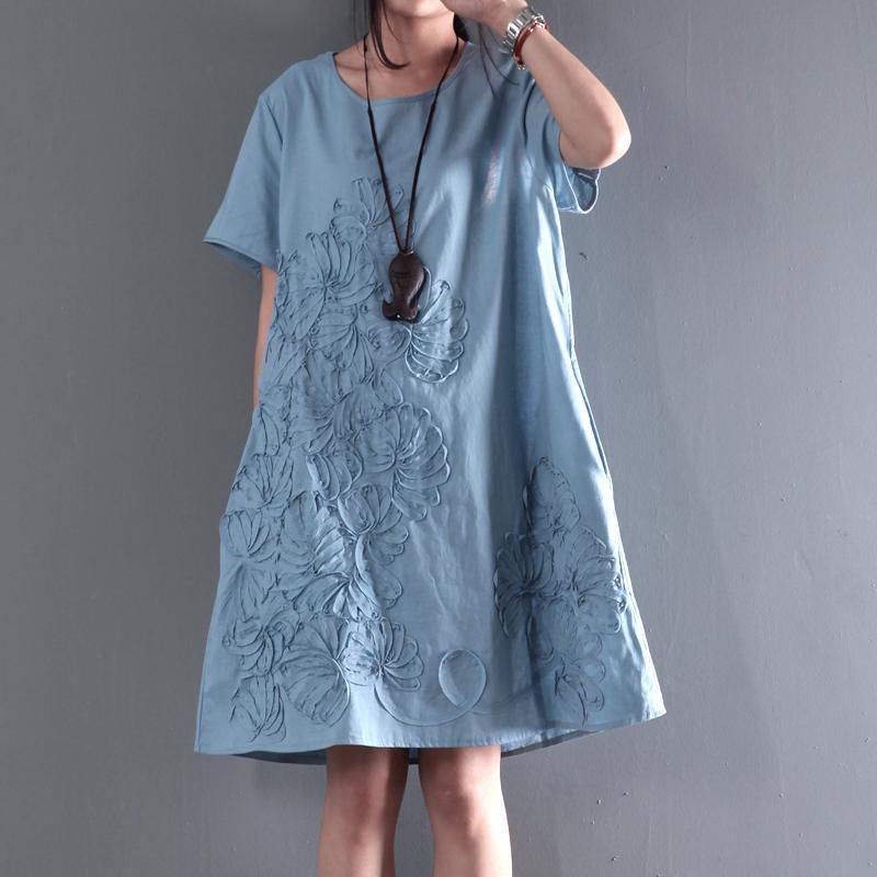 CM | azul vestido de verano de manga corta apliques blusa de verano vestidos de turno de vacaciones