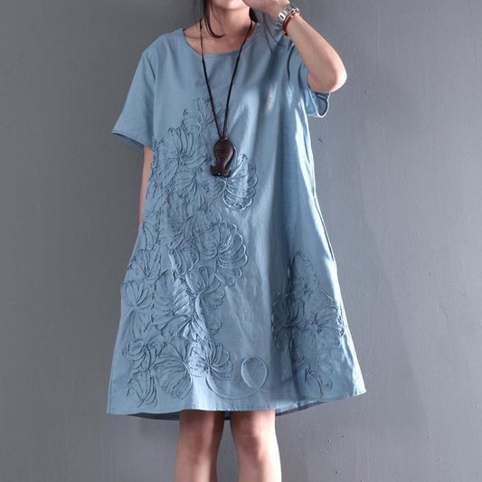 CM | azul vestido de verano de manga corta apliques blusa de verano vestidos de turno de vacaciones