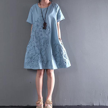 CM | azul vestido de verano de manga corta apliques blusa de verano vestidos de turno de vacaciones