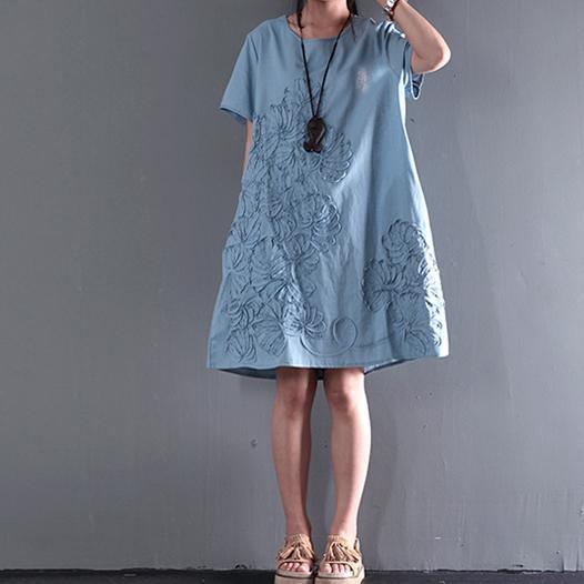 CM | azul vestido de verano de manga corta apliques blusa de verano vestidos de turno de vacaciones